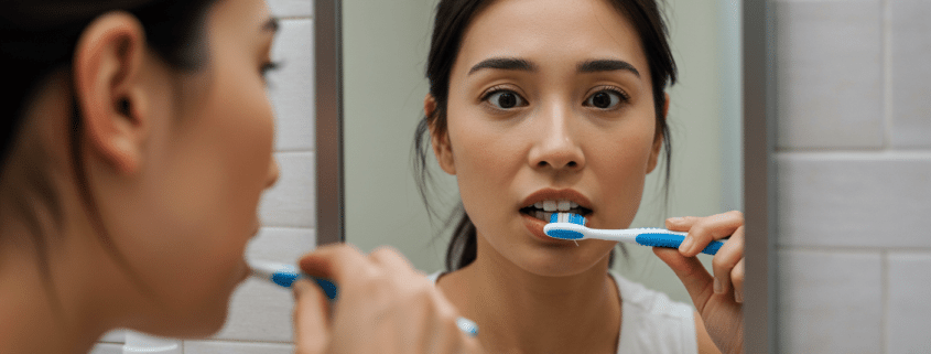 A woman looking concerned while brushing her teeth in front of a mirror.