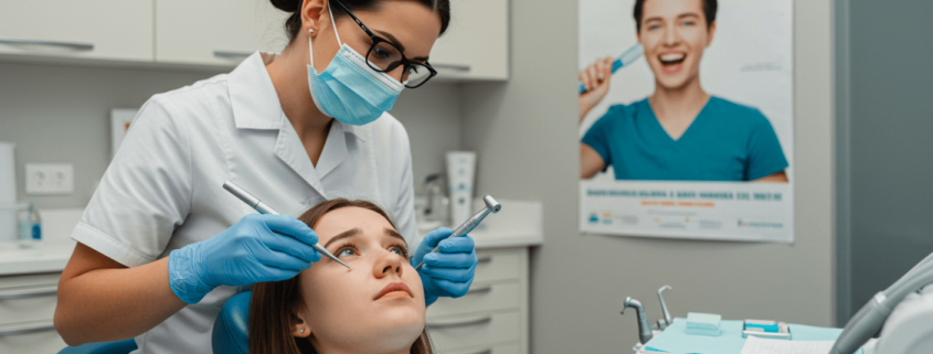A nervous patient lying in a dental chair while a dentist prepares to work on their teeth.