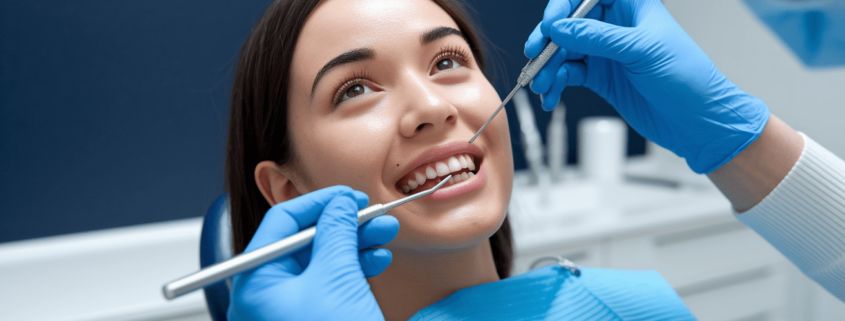 A dentist performs a dental bonding procedure on a young woman using a handheld curing tool and dental instruments.