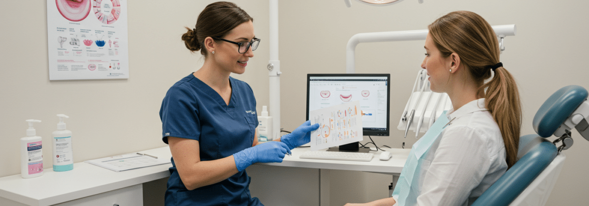 Dental hygienist explaining gum health to a patient in a modern clinic, showcasing affordable periodontist near me services.