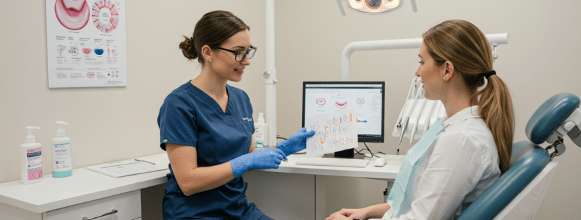 Dental hygienist explaining gum health to a patient in a modern clinic, showcasing affordable periodontist near me services.
