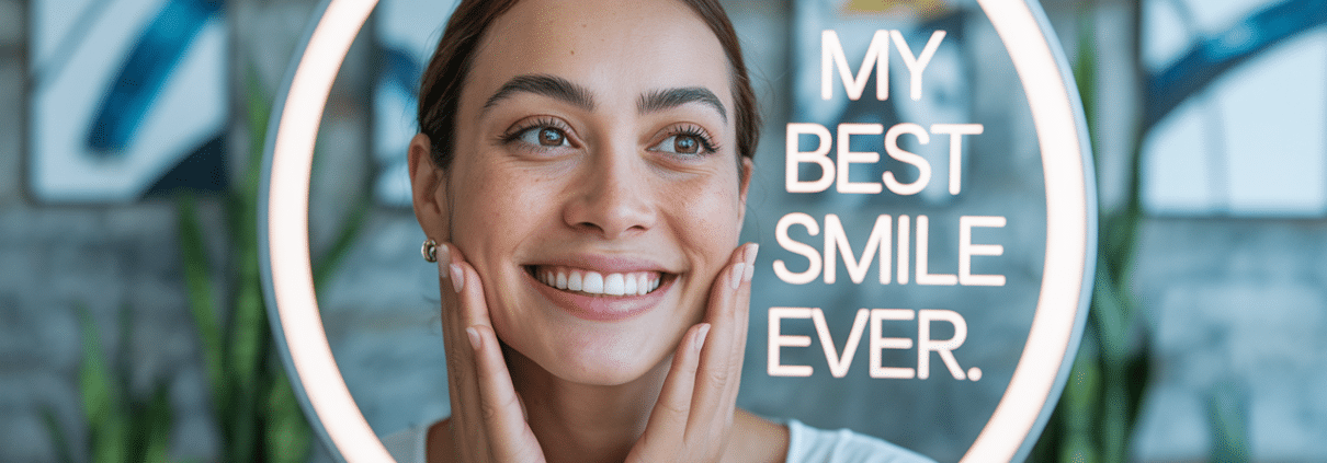 Woman admiring her bright smile in a lighted mirror labeled “My Best Smile Ever,” symbolizing results from the best cosmetic dentist near me.