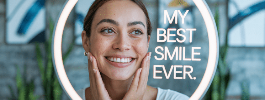 Woman admiring her bright smile in a lighted mirror labeled “My Best Smile Ever,” symbolizing results from the best cosmetic dentist near me.