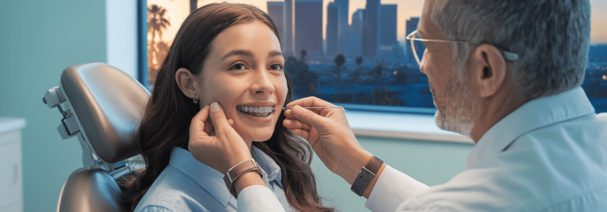 Orthodontist adjusting braces on a smiling young woman during a consultation in Los Angeles, representing “braces near me.”