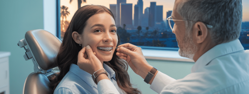 Orthodontist adjusting braces on a smiling young woman during a consultation in Los Angeles, representing “braces near me.”