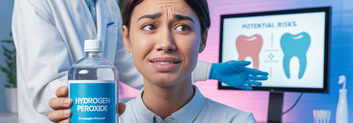 Concerned woman holding a bottle of hydrogen peroxide at a dental office, questioning if hydrogen peroxide can kill cavities.