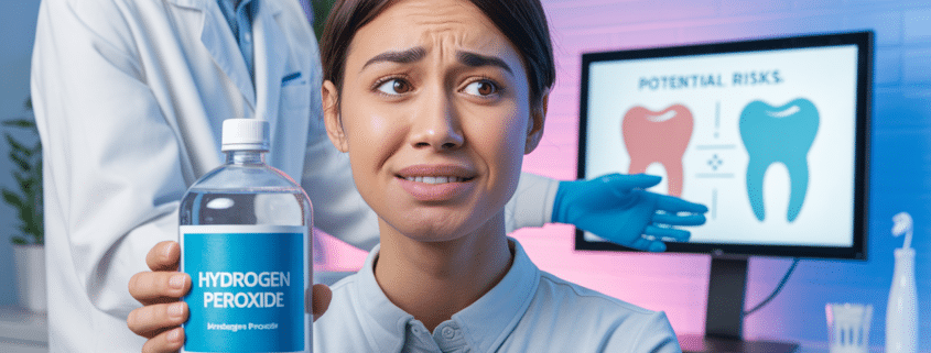 Concerned woman holding a bottle of hydrogen peroxide at a dental office, questioning if hydrogen peroxide can kill cavities.