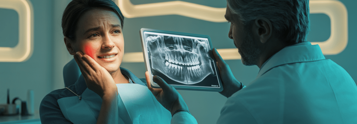 Female patient holding cheek in pain while dentist shows dental X-ray, indicating a potential dental abscess.
