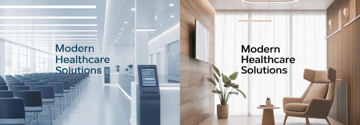 Split image of clinical and cozy dental environments, representing modern care options at a dental clinic near me.