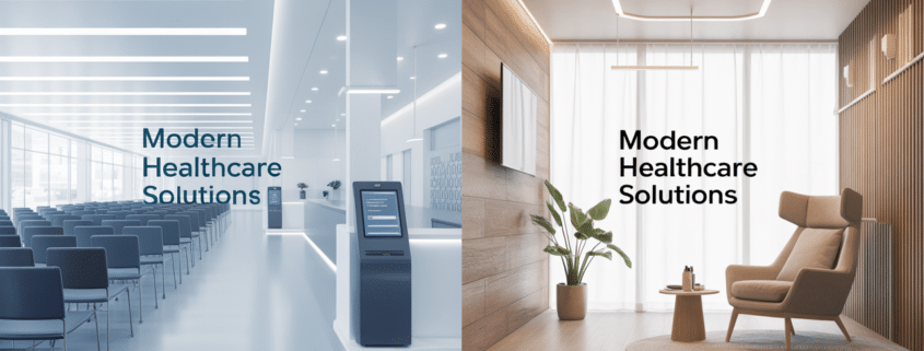 Split image of clinical and cozy dental environments, representing modern care options at a dental clinic near me.