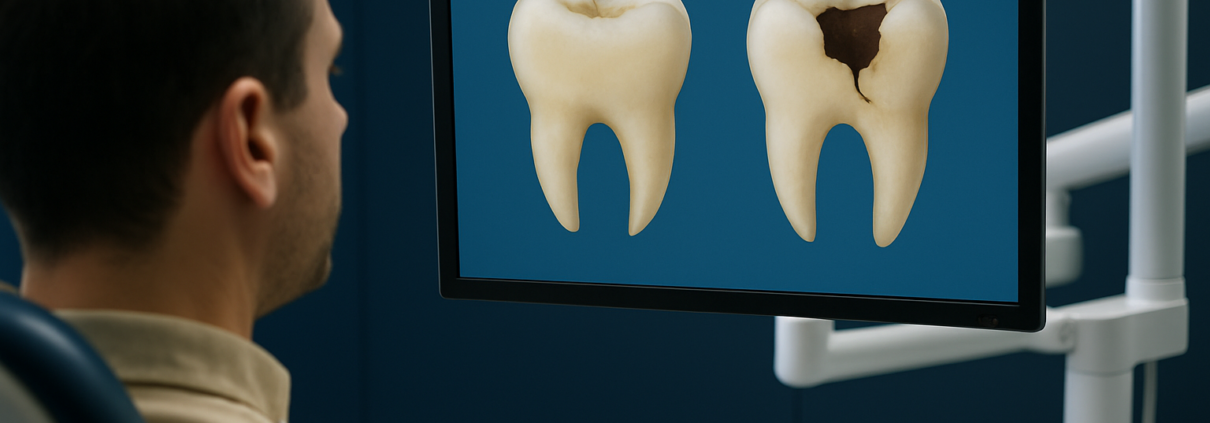Patient viewing screen showing side-by-side images of dental erosion vs. cavities on tooth models.