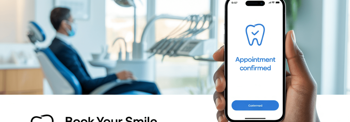 Close-up of a mobile phone displaying a dentist appointment confirmation screen in a modern dental office.