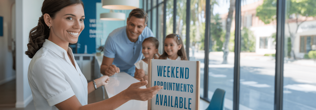Smiling receptionist showing a sign for weekend dental appointments as a family enters, highlighting dentist open on Saturday near me.