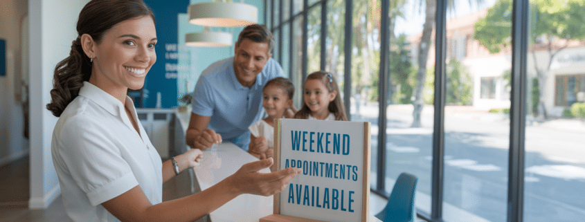 Smiling receptionist showing a sign for weekend dental appointments as a family enters, highlighting dentist open on Saturday near me.