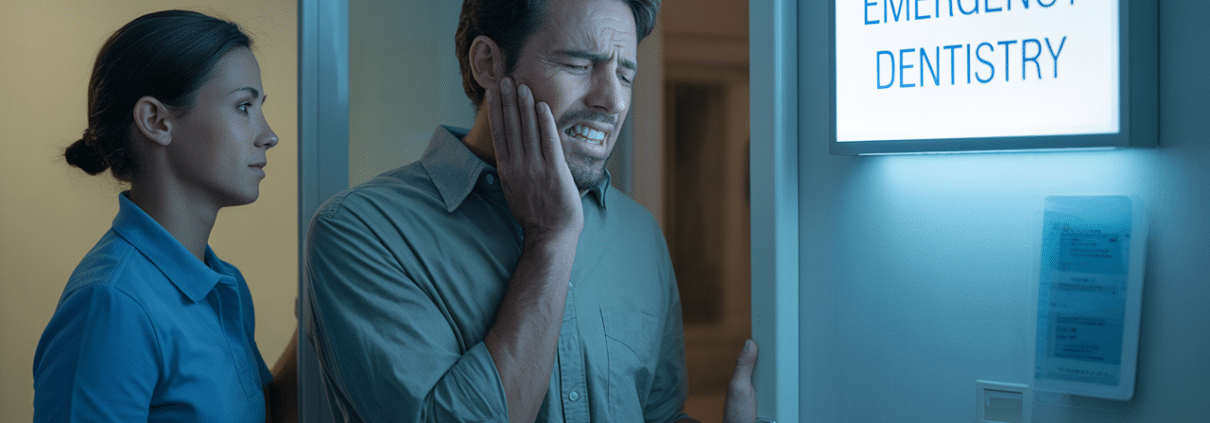 Man clutching his jaw in pain entering an emergency dentistry clinic at night, illustrating a search for an emergency dentist near me.