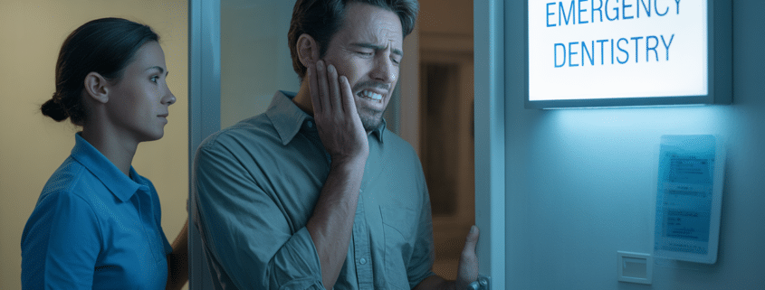 Man clutching his jaw in pain entering an emergency dentistry clinic at night, illustrating a search for an emergency dentist near me.
