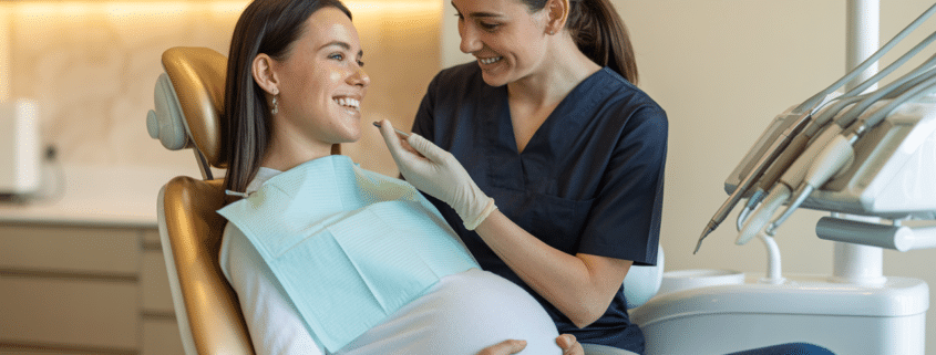 Pregnant woman smiling during a dental visit, demonstrating how pregnancy affects oral health.