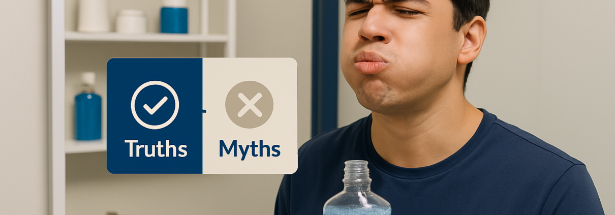 Man using mouthwash with visual overlay highlighting common mouthwash myths and truths.