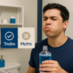 Man using mouthwash with visual overlay highlighting common mouthwash myths and truths.