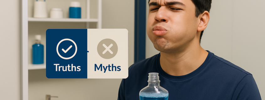 Man using mouthwash with visual overlay highlighting common mouthwash myths and truths.