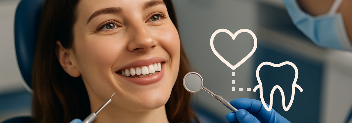 Smiling woman at dental checkup with a heart and tooth icon representing the link between oral health and heart disease.