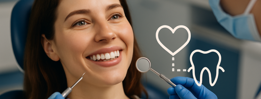 Smiling woman at dental checkup with a heart and tooth icon representing the link between oral health and heart disease.