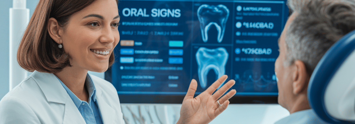 Dentist explaining oral signs and systemic health data to a patient on a digital screen.