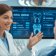 Dentist explaining oral signs and systemic health data to a patient on a digital screen.
