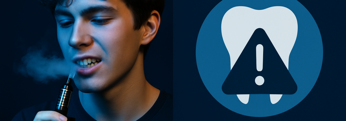 Young man vaping with a warning icon over a tooth, illustrating the risks of smoking and vaping on oral health.