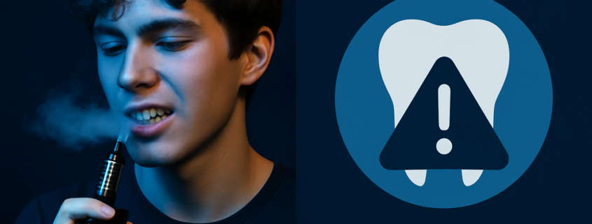Young man vaping with a warning icon over a tooth, illustrating the risks of smoking and vaping on oral health.