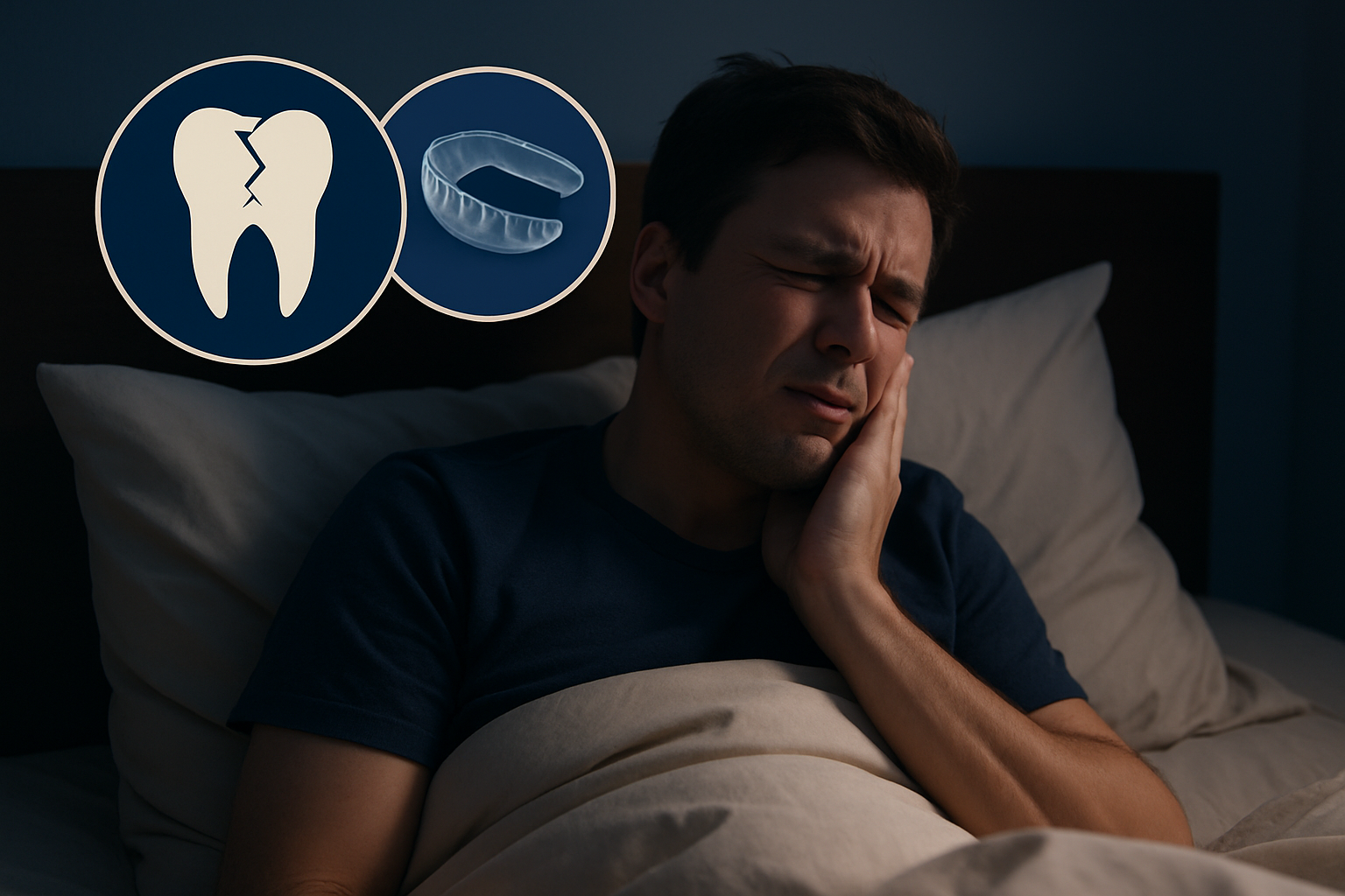 Man in bed experiencing jaw pain from teeth grinding with icons of a cracked tooth and mouthguard.