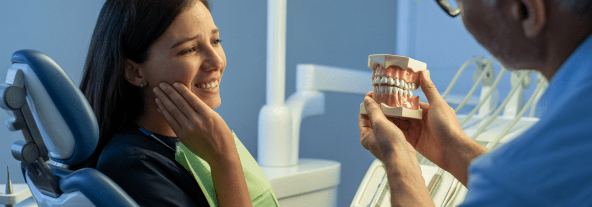 Dentist showing jaw model to a female patient holding her face in pain, discussing TMJ disorders.