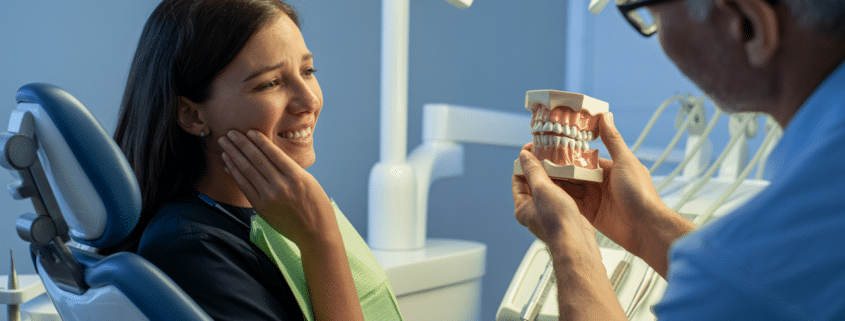 Dentist showing jaw model to a female patient holding her face in pain, discussing TMJ disorders.