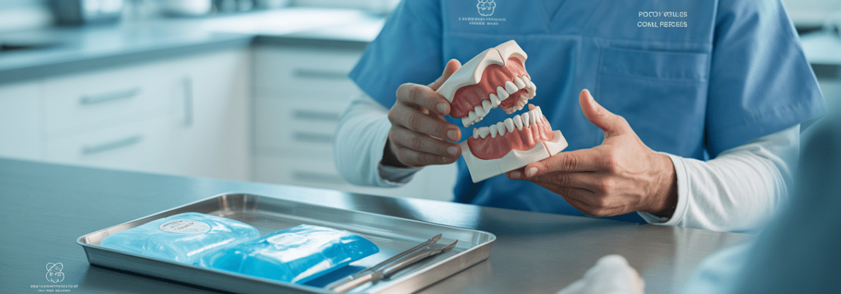 Dentist holding a model of teeth while explaining wisdom tooth extraction, representing wisdom tooth removal near me.