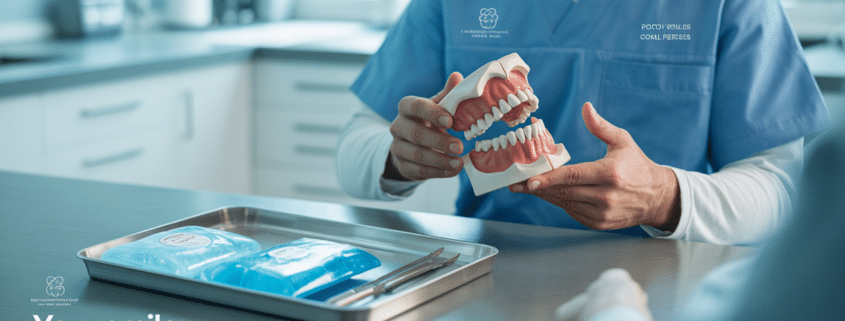 Dentist holding a model of teeth while explaining wisdom tooth extraction, representing wisdom tooth removal near me.