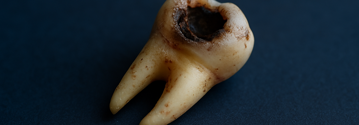 Severely decayed adult tooth that has fallen out, highlighting dental health neglect.