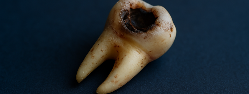 Severely decayed adult tooth that has fallen out, highlighting dental health neglect.