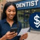 Smiling woman outside a dentist’s office after reviewing dental costs and payment plan approval.