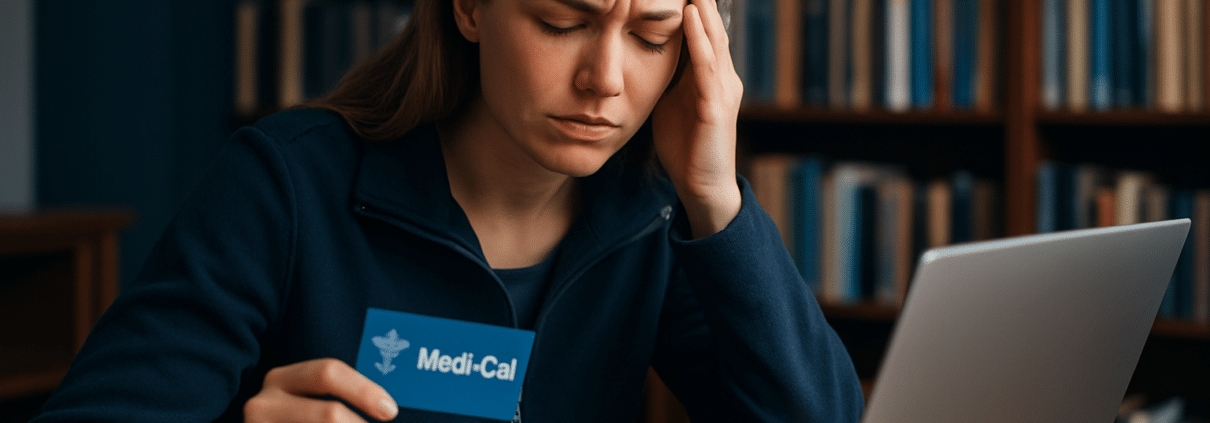 A worried woman holding a Medi-Cal card while researching dental options online.