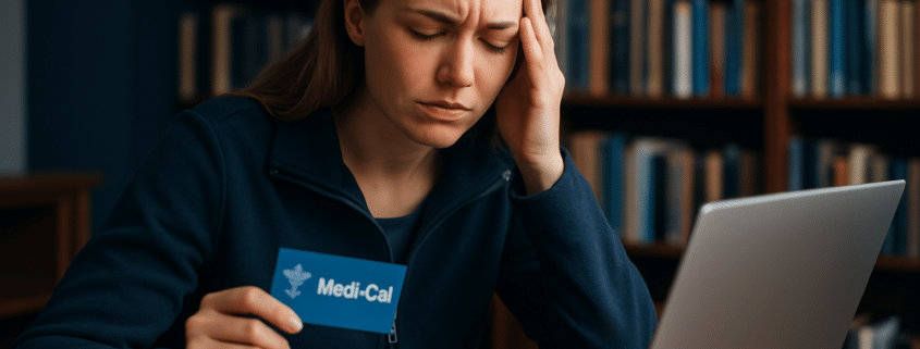 A worried woman holding a Medi-Cal card while researching dental options online.