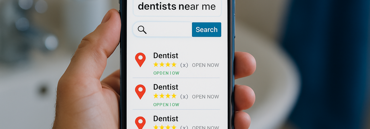 A smartphone showing a search for dentists near me with nearby options and ratings.