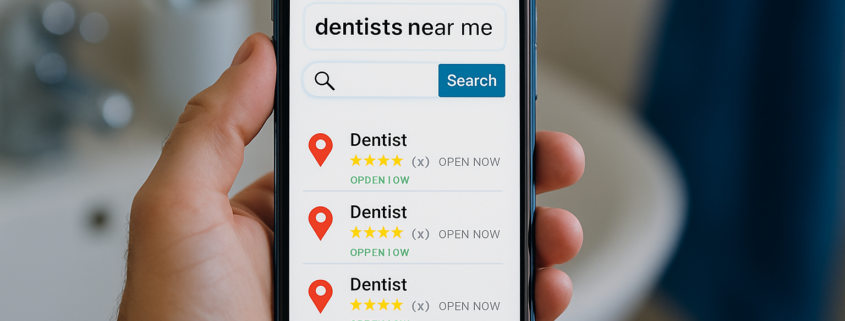 A smartphone showing a search for dentists near me with nearby options and ratings.