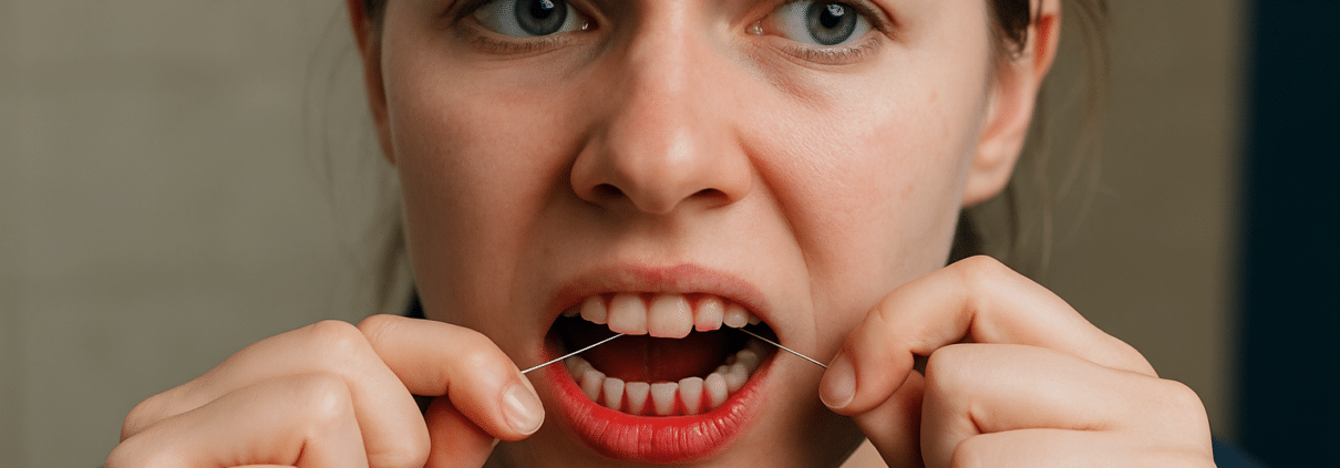 Young woman looking concerned as her gums bleed while flossing.