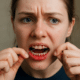 Young woman looking concerned as her gums bleed while flossing.