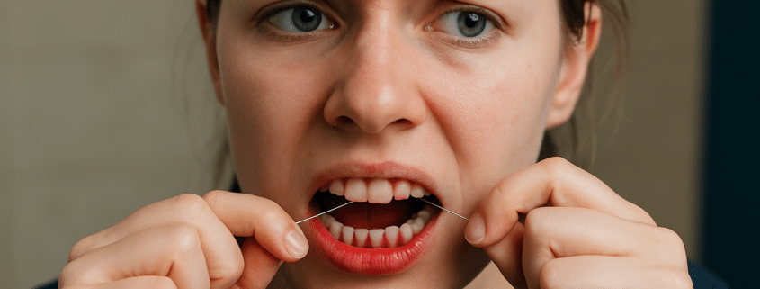 Young woman looking concerned as her gums bleed while flossing.