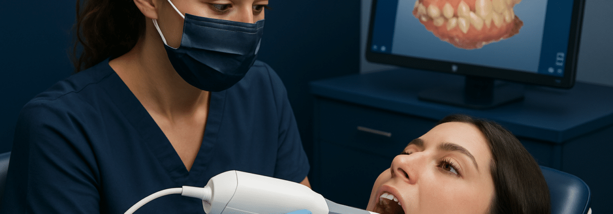 Dentist using an intraoral scanner with a 3D teeth model shown on a monitor.