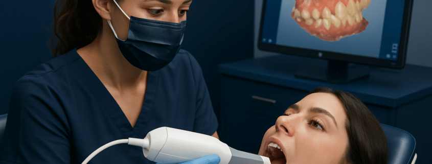 Dentist using an intraoral scanner with a 3D teeth model shown on a monitor.