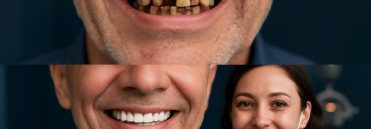 Before and after smile transformation showing years of neglected teeth restored by a dentist.