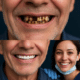 Before and after smile transformation showing years of neglected teeth restored by a dentist.