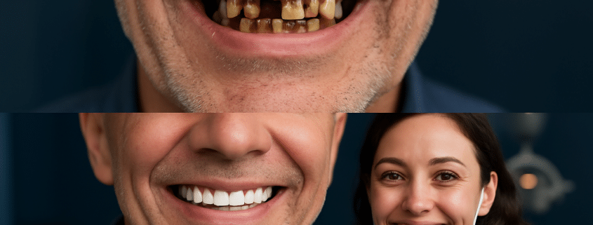 Before and after smile transformation showing years of neglected teeth restored by a dentist.